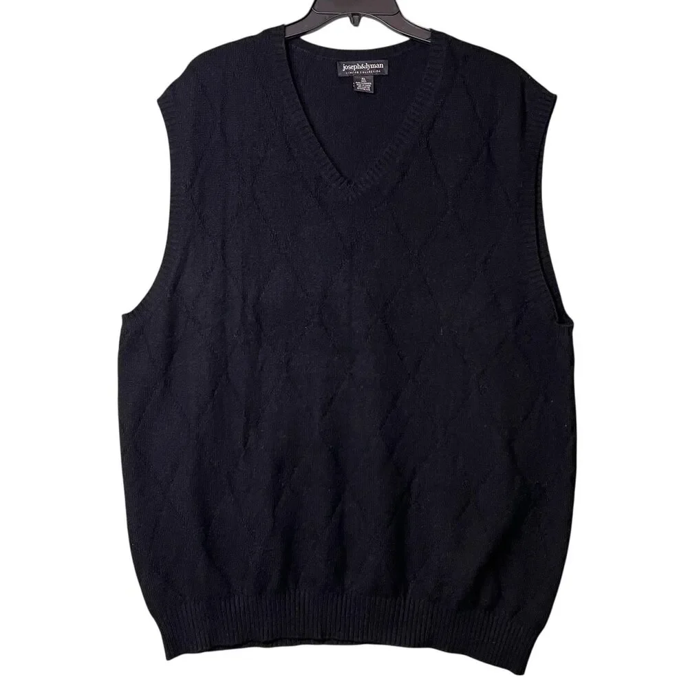 Joseph & Lyman Sweater Vest Mens XL Black 100% Cashmere V Neck Diamond Knit